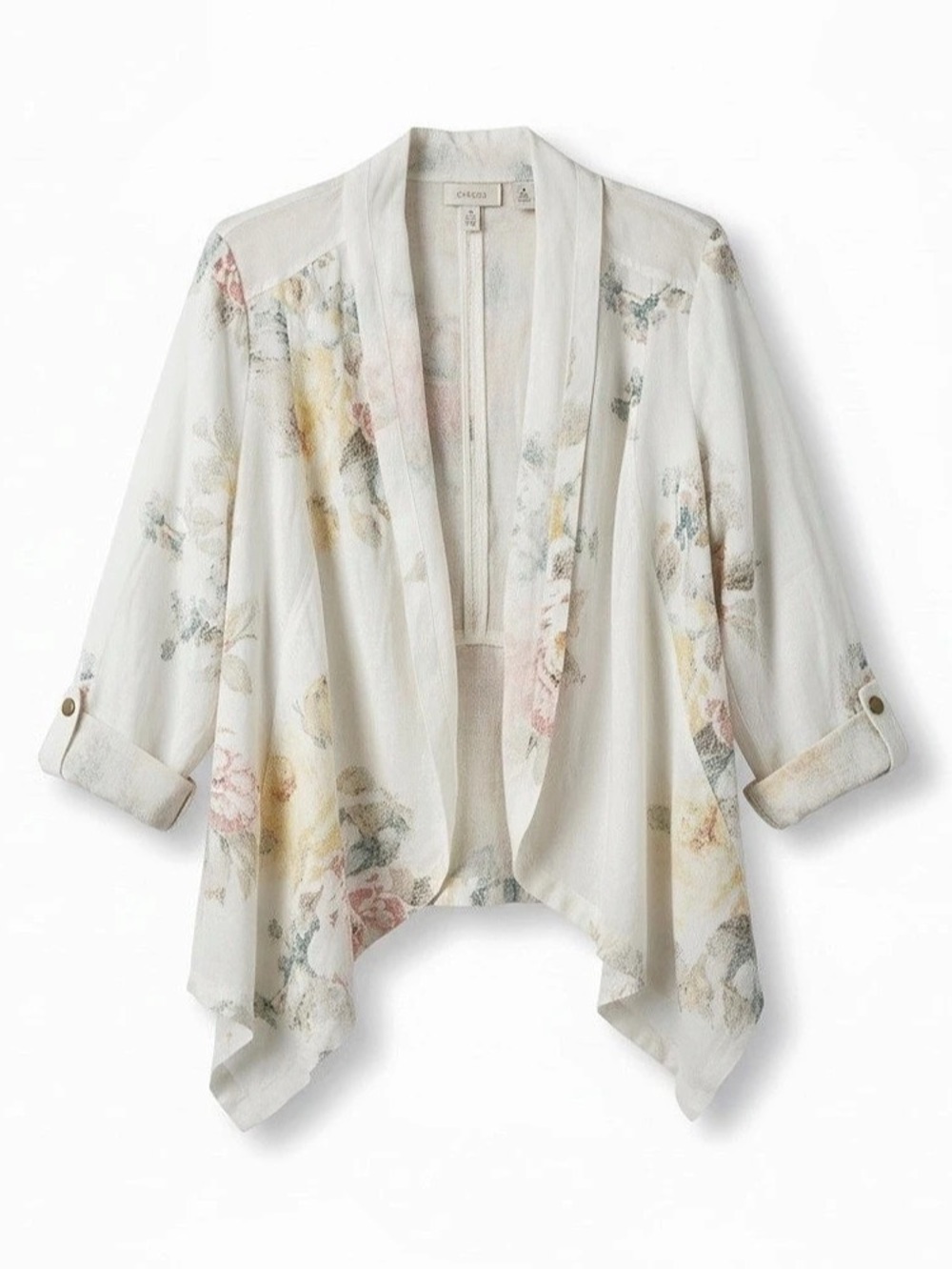 Chico's Francesca Pastel Floral 100% Linen Drape Open Front Jacket Size 2 Large